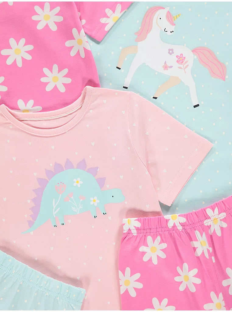 3 Pk Unicorn and Dinosaur Shorts Pyjamas