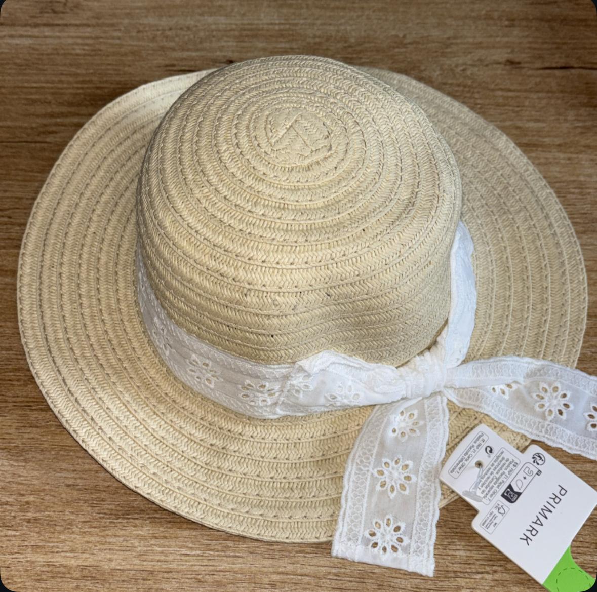 Straw Hat with White Ribbon