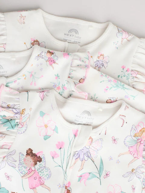 Ecru Fairy Two Way Zip Baby Sleepsuits 3 Pack