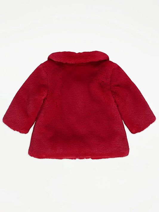 Red Bow Front Faux Fur Coat