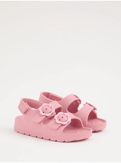 Pink Twin Strap Flower Buckle Sandals