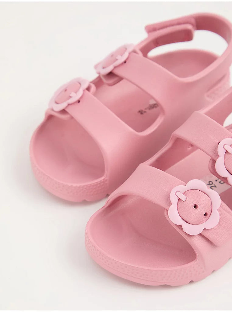 Pink Twin Strap Flower Buckle Sandals