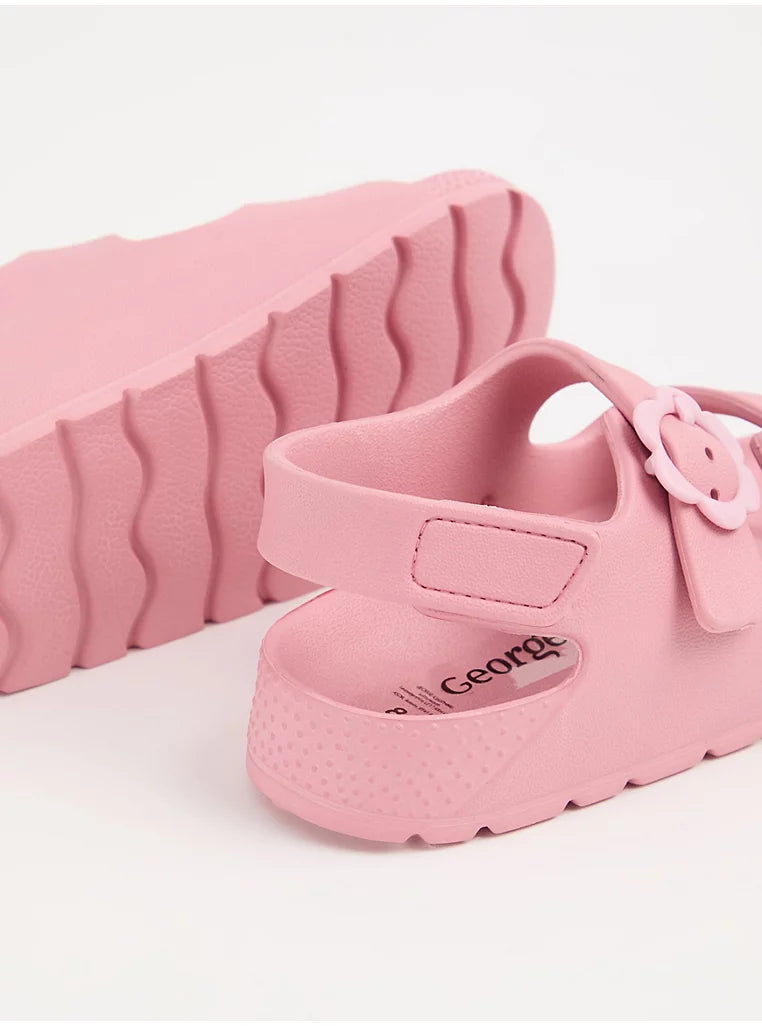 Pink Twin Strap Flower Buckle Sandals
