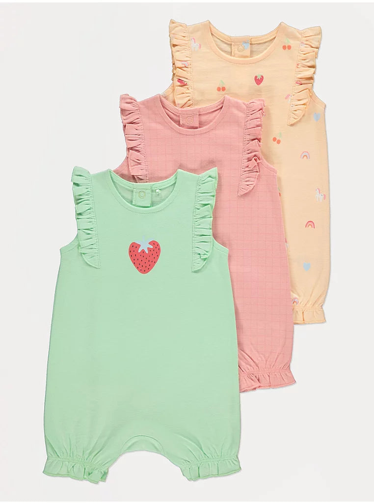 Fruit Print Frilled Jersey Romper 3 Pack