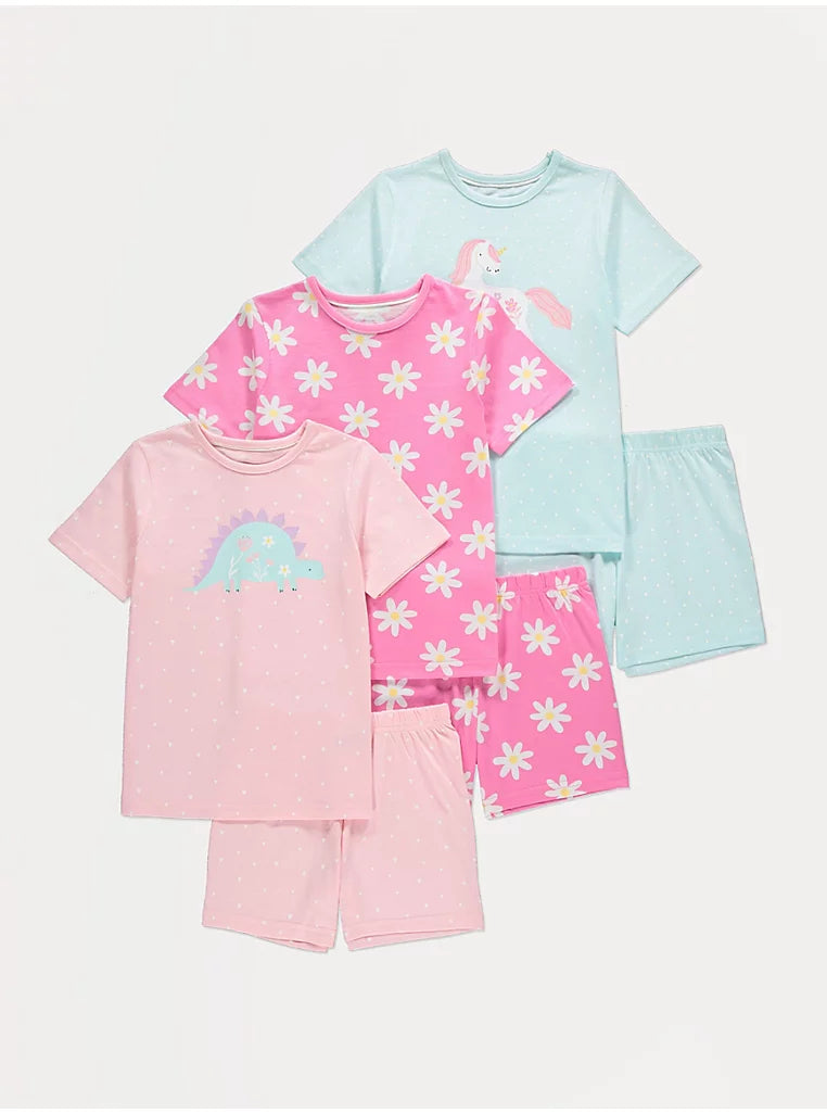 3 Pk Unicorn and Dinosaur Shorts Pyjamas