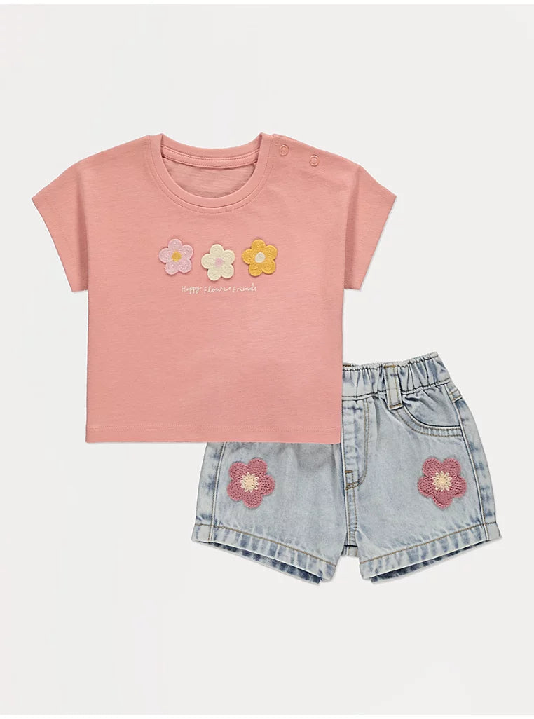 Crochet Flower T-Shirt and Denim Shorts Outfit