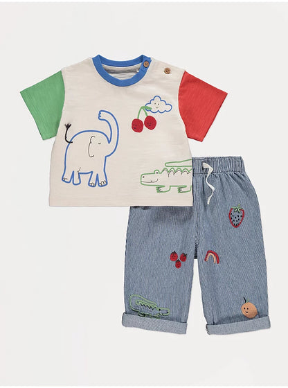 Colour Block Embroidered T-Shirt and Trousers Outfit