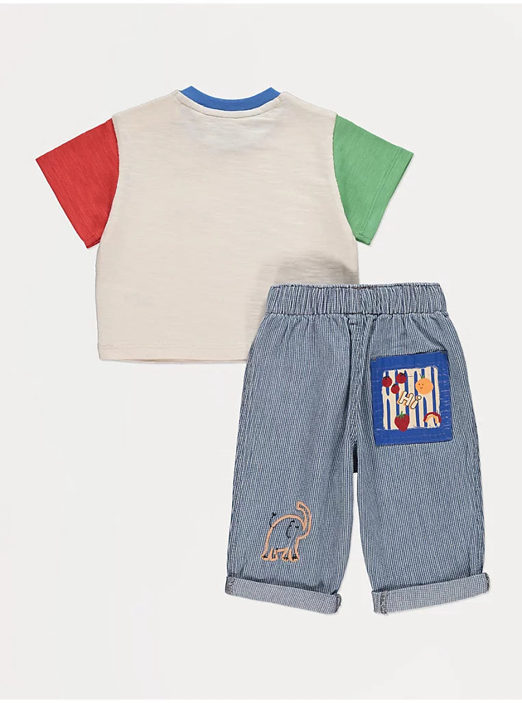 Colour Block Embroidered T-Shirt and Trousers Outfit