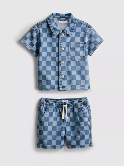 Check Denim Shirt and Shorts Set