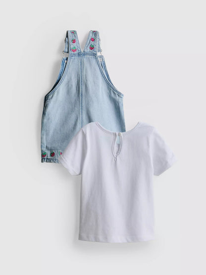 T-Shirt and Fruit Embroidered Dungarees Set