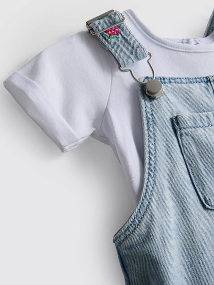 T-Shirt and Fruit Embroidered Dungarees Set
