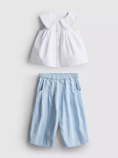 Collared Sleeveless Blouse and Trousers Set