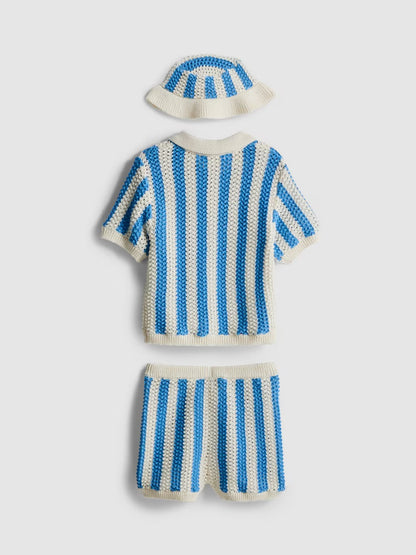Stripe Polo Top, Shorts and Hat Newborn Set