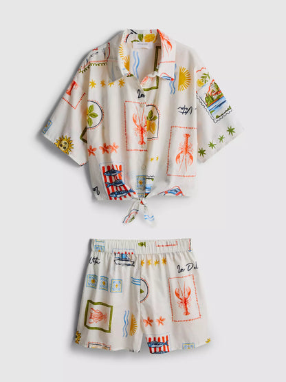 Postcard Tie Detail Shirt and Shorts Set