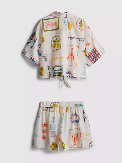 Postcard Tie Detail Shirt and Shorts Set