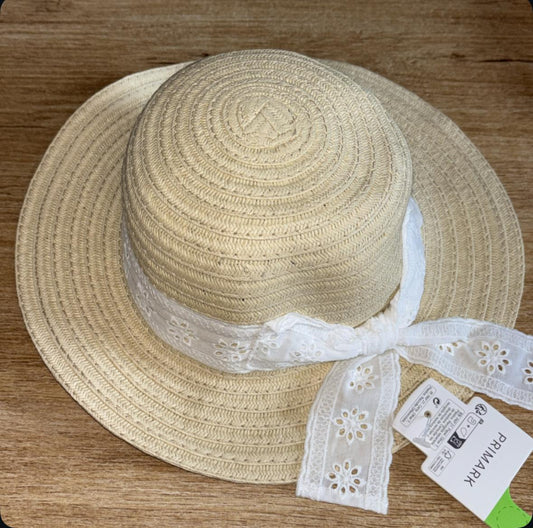 Straw Hat with White Ribbon