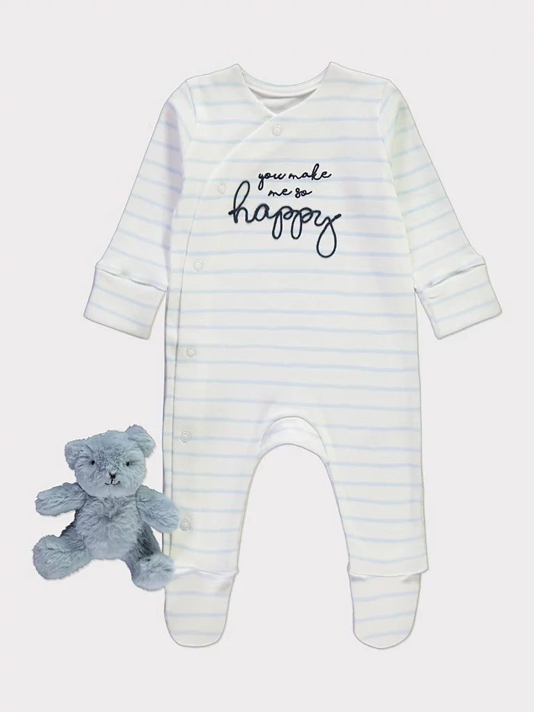 You Make Me So Happy Striped Sleepsuit and Toy Bear