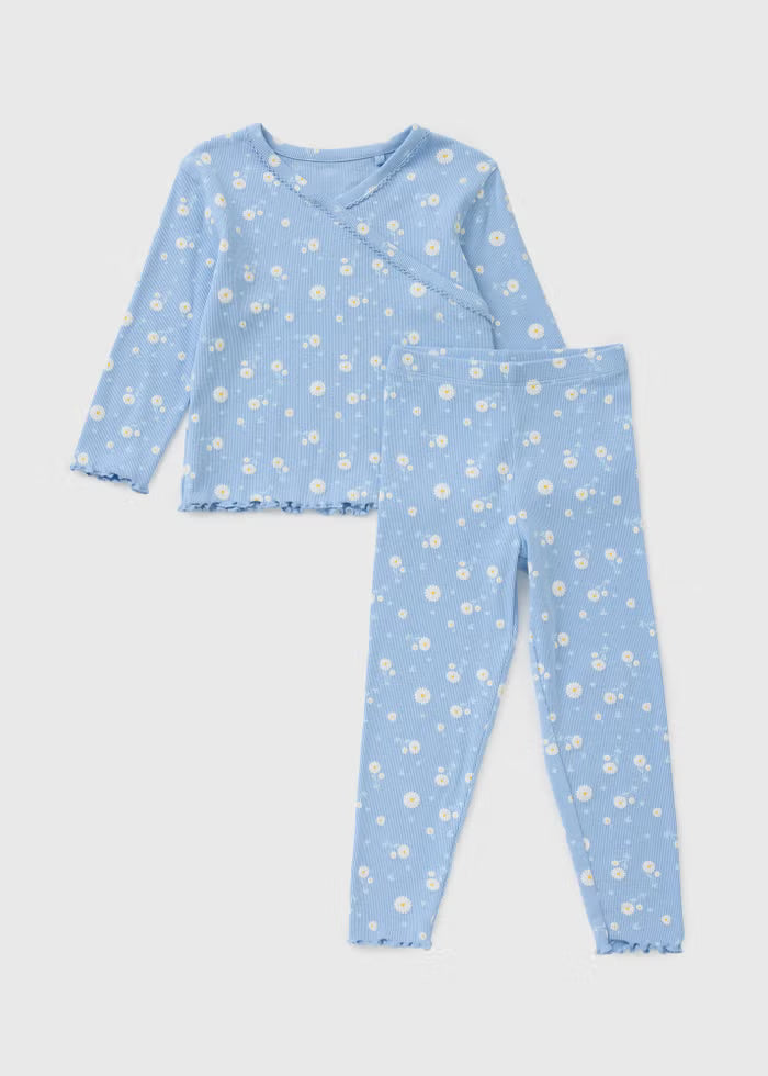 Blue Daisy Ribbed Long Pyjama Set