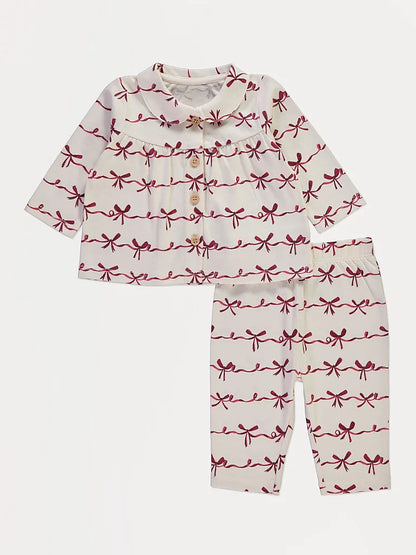 Bow Long Sleeve Button Through Pyjamas