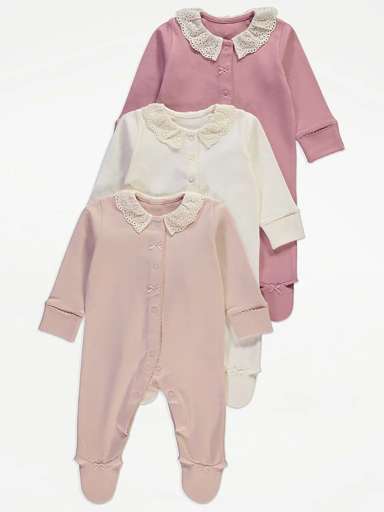 Pink Broderie Collar Sleepsuits 3 Pack