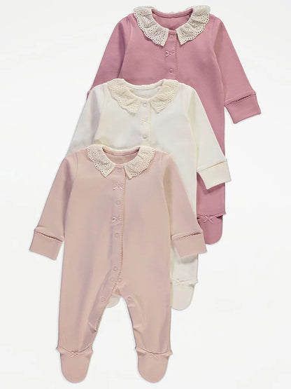 Pink Broderie Collar Sleepsuits 3 Pack