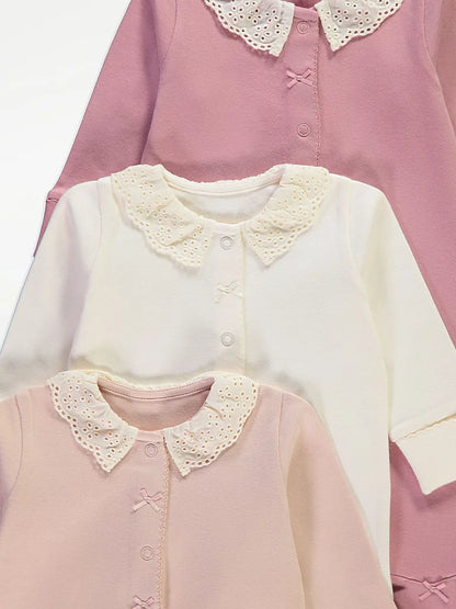 Pink Broderie Collar Sleepsuits 3 Pack