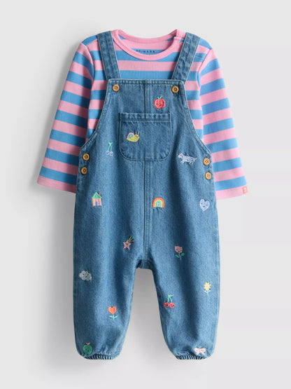 Bodysuit and Fruit Embroidered Denim Dungarees Set