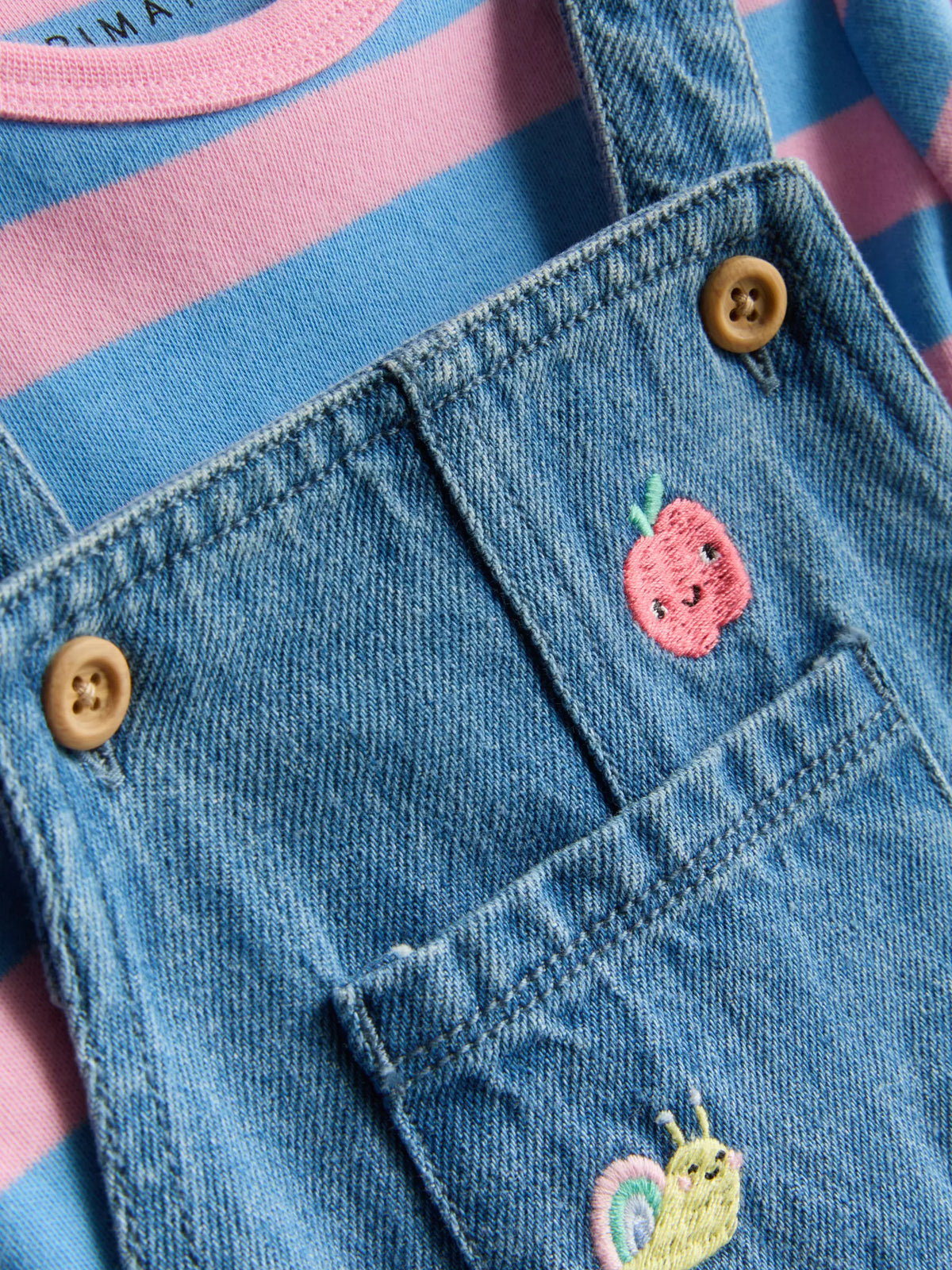 Bodysuit and Fruit Embroidered Denim Dungarees Set