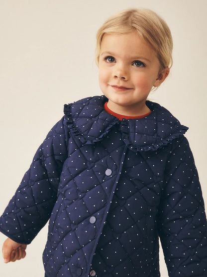 Navy Polka Dot Shower Resistant Frill Collar Quilted Jacket