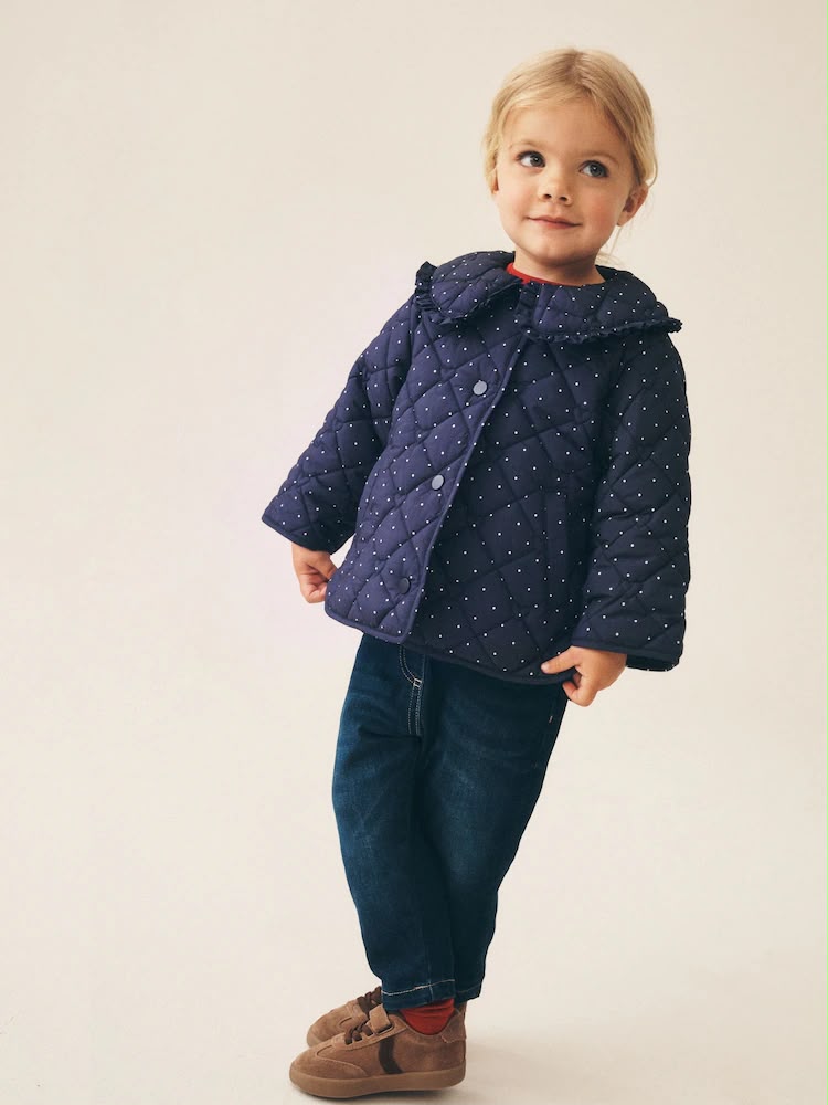 Navy Polka Dot Shower Resistant Frill Collar Quilted Jacket