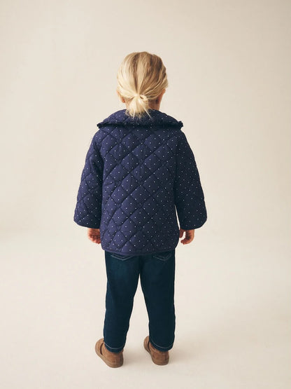 Navy Polka Dot Shower Resistant Frill Collar Quilted Jacket