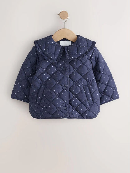 Navy Polka Dot Shower Resistant Frill Collar Quilted Jacket