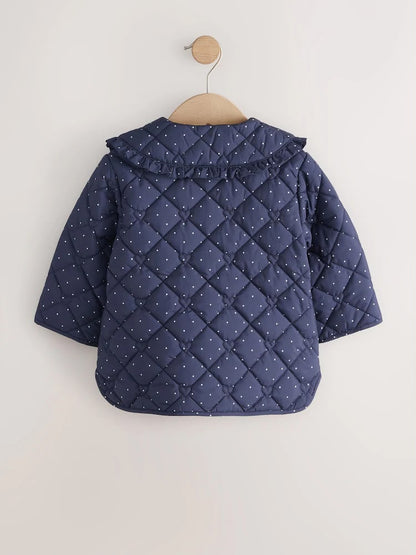 Navy Polka Dot Shower Resistant Frill Collar Quilted Jacket