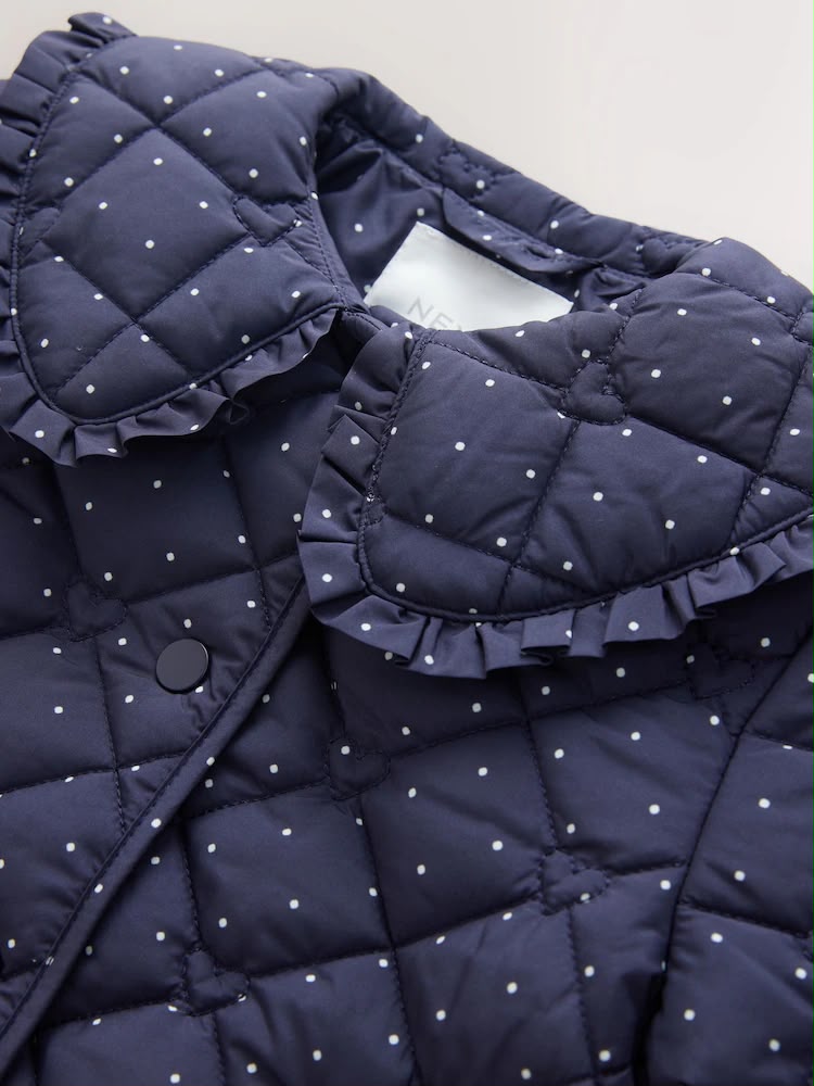 Navy Polka Dot Shower Resistant Frill Collar Quilted Jacket