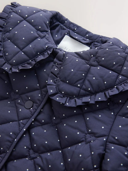 Navy Polka Dot Shower Resistant Frill Collar Quilted Jacket