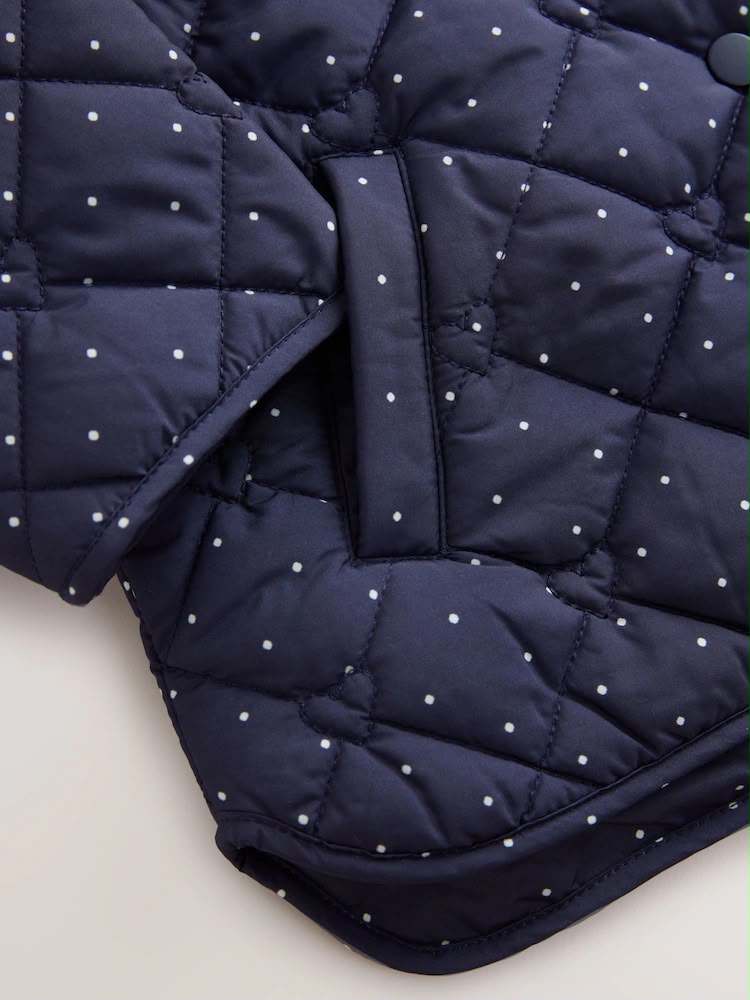 Navy Polka Dot Shower Resistant Frill Collar Quilted Jacket