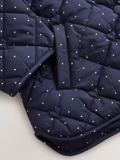 Navy Polka Dot Shower Resistant Frill Collar Quilted Jacket