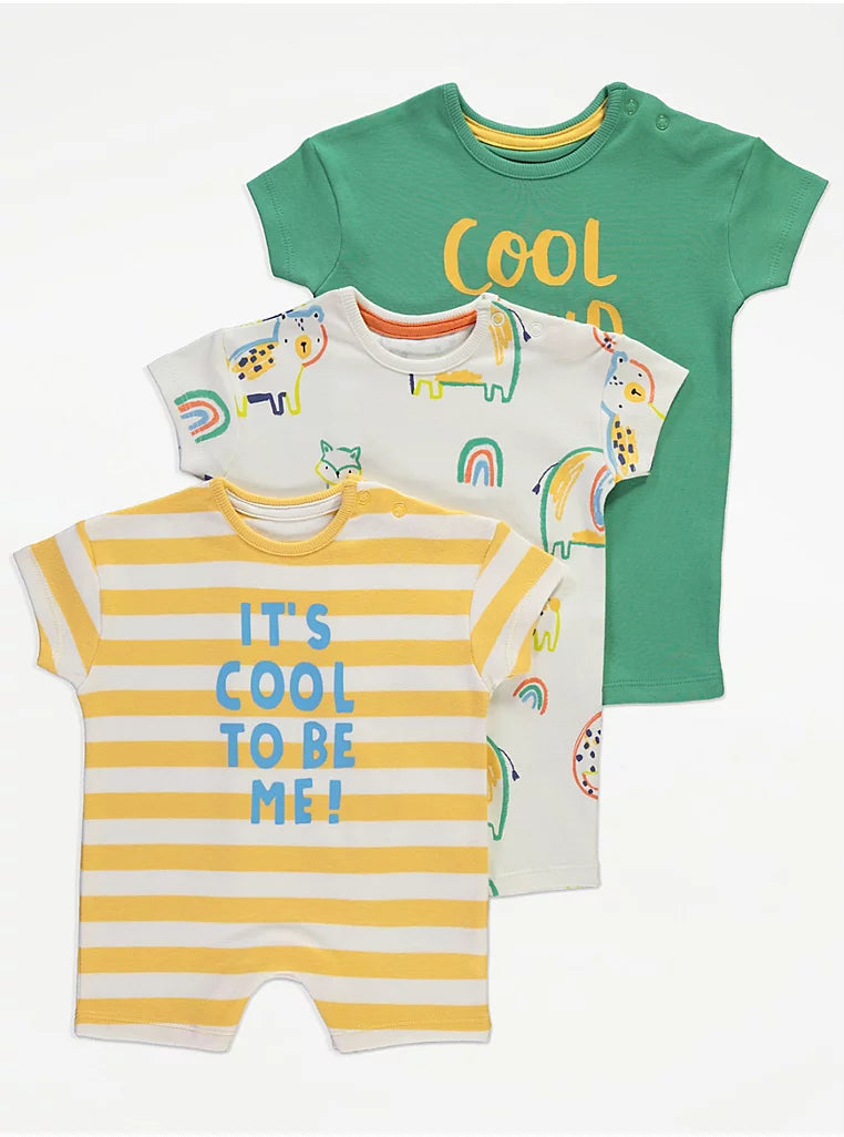 3 Pk Bright Animals Striped Rompers