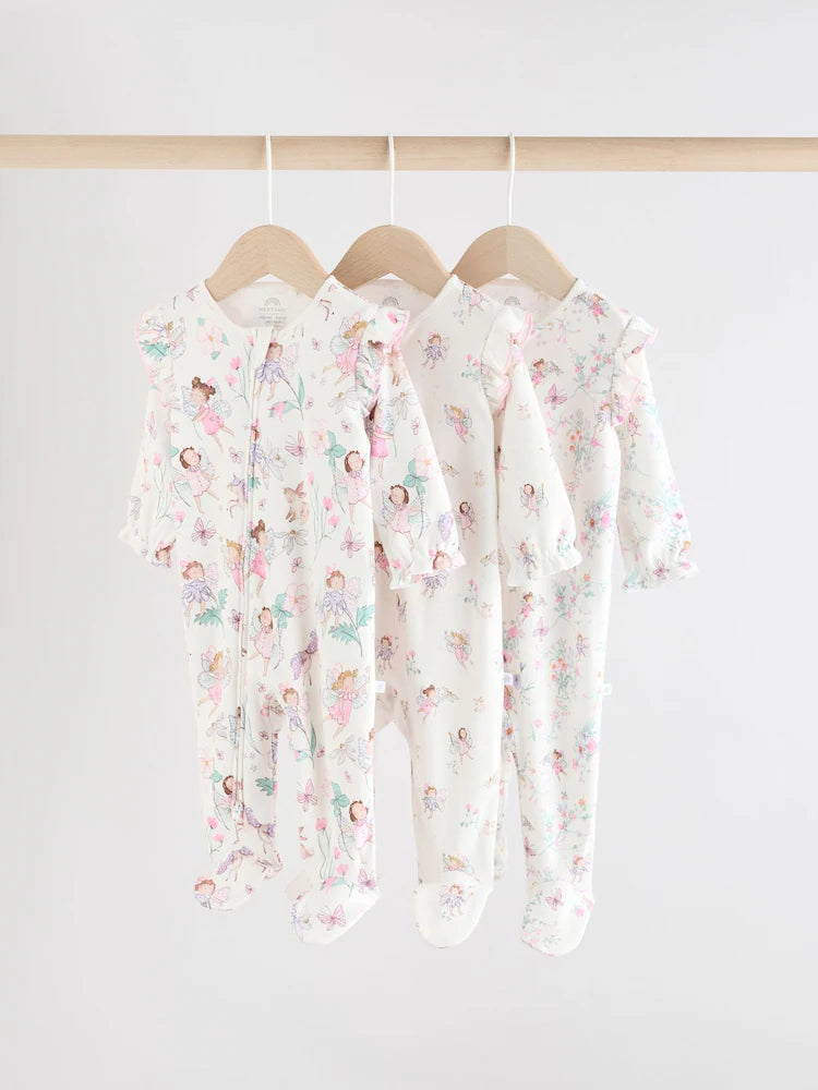 Ecru Fairy Two Way Zip Baby Sleepsuits 3 Pack