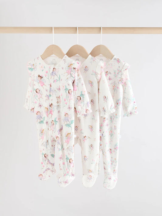 Ecru Fairy Two Way Zip Baby Sleepsuits 3 Pack