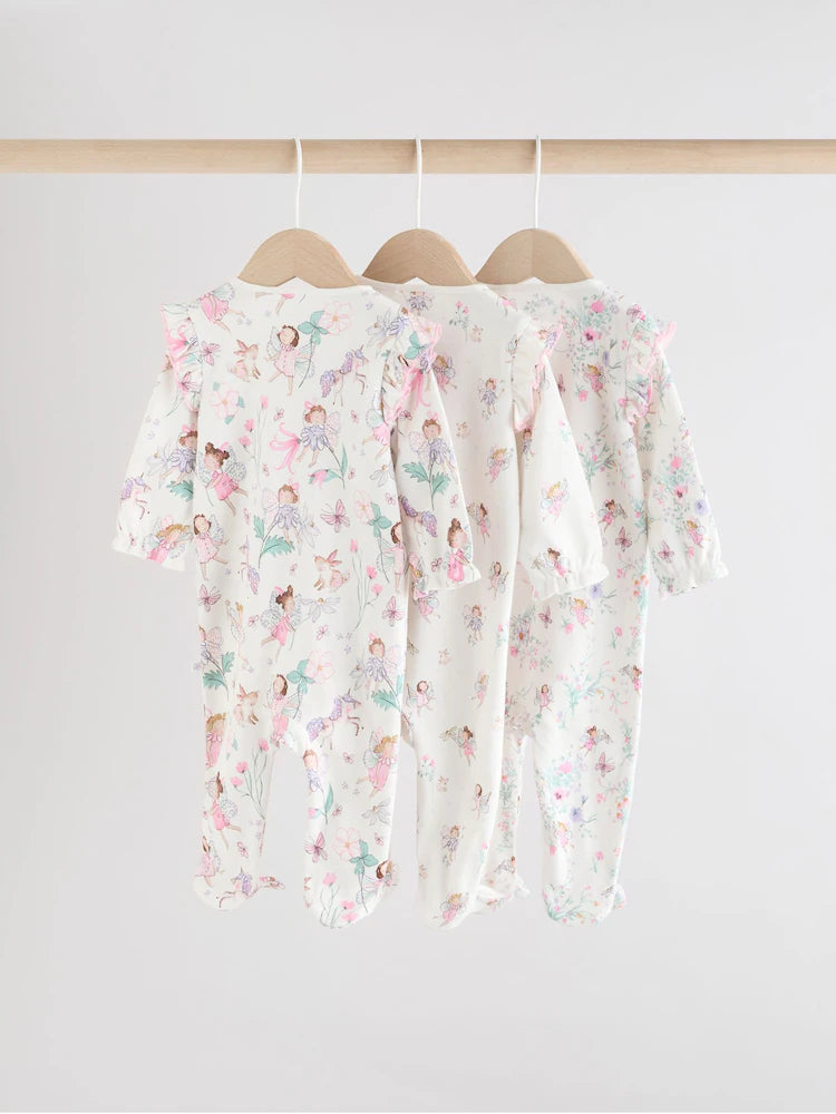 Ecru Fairy Two Way Zip Baby Sleepsuits 3 Pack