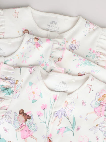 Ecru Fairy Two Way Zip Baby Sleepsuits 3 Pack