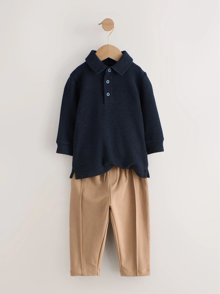 Navy Long Sleeve Polo Shirt And Joggers Set
