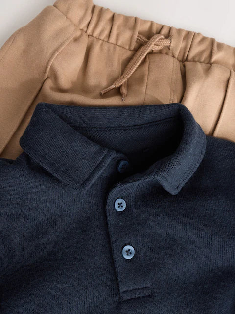 Navy Long Sleeve Polo Shirt And Joggers Set