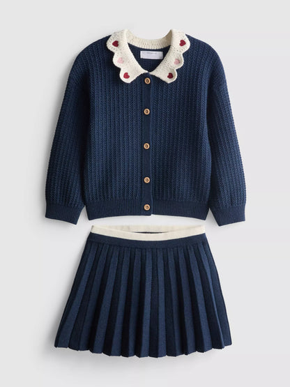 Collared Cardigan and Pleated Skirt Set