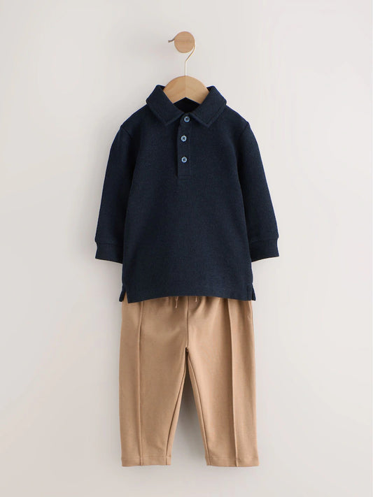 Navy Long Sleeve Polo Shirt And Joggers Set