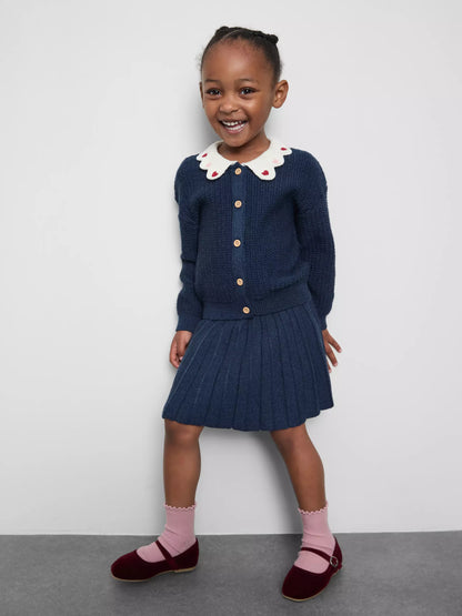 Collared Cardigan and Pleated Skirt Set